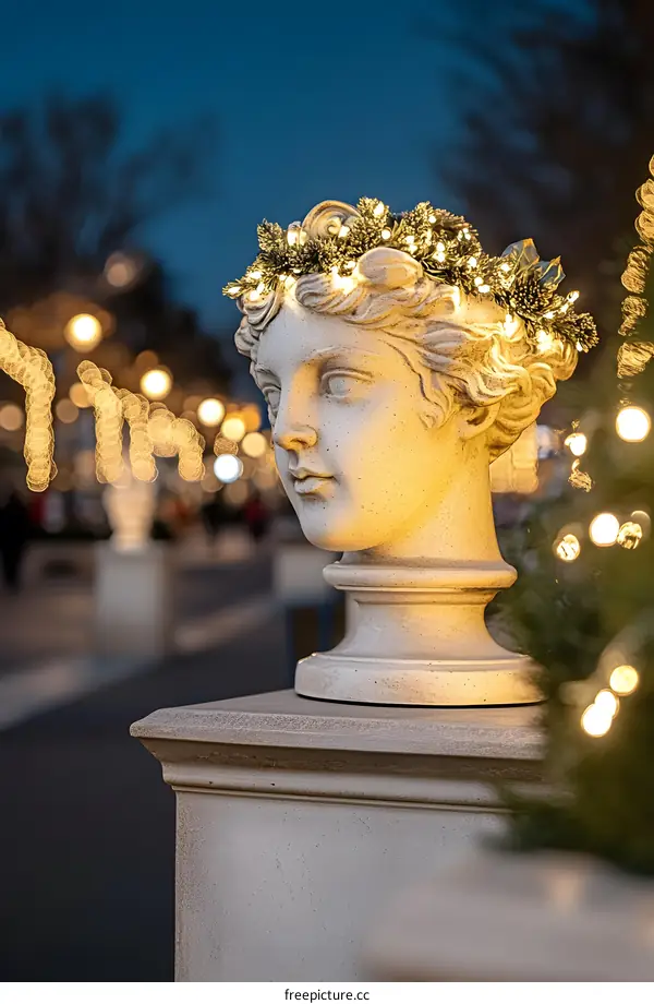 Stone Sculpture Decorated With Christmas Lights