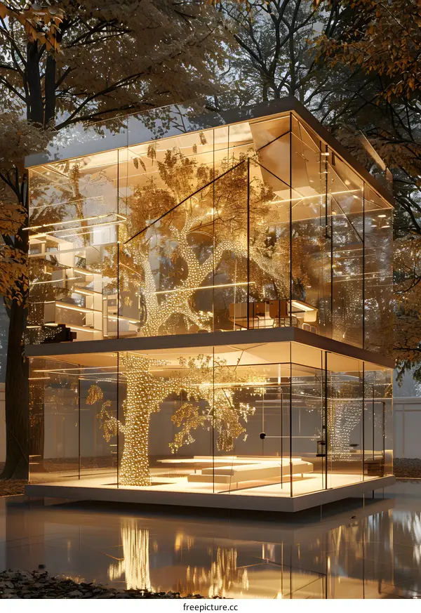 Transparent house in the middle of the forest with a golden tree inside