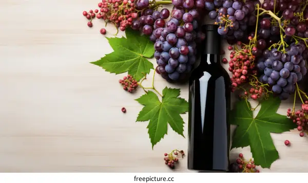 Black wine bottle with red and white grapes on wooden table