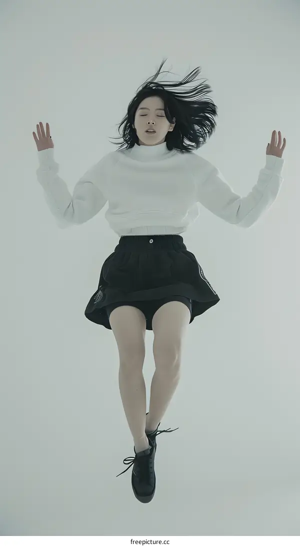 A woman in a white turtleneck and black skirt is suspended in mid-air with her eyes closed and her arms outstretched.
