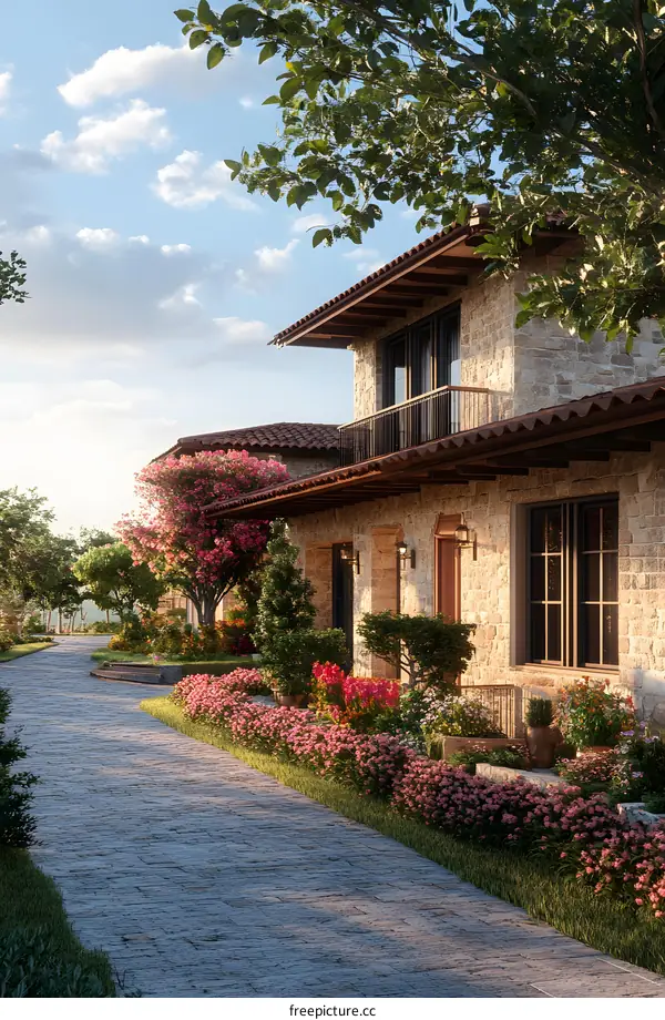 Stone House with a Pathway and Flowers