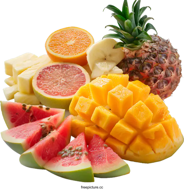 [Transparent Background PNG]Fresh Tropical Fruits Arrangement on White Background