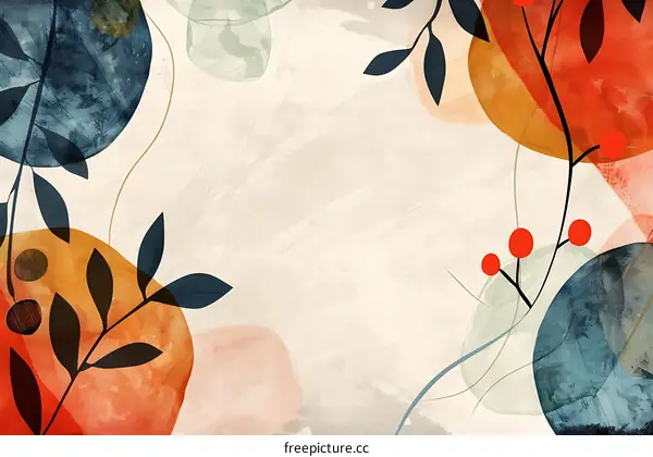 Abstract Watercolor Painting with Leaves and Circles