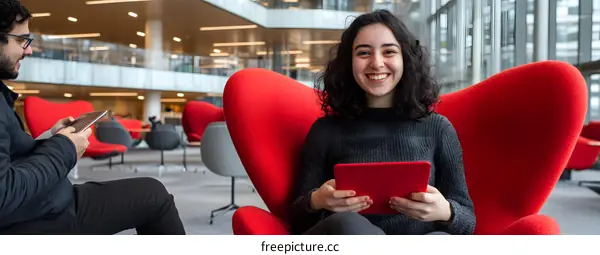 Young Woman Sitting in Red Chair Using Tablet
