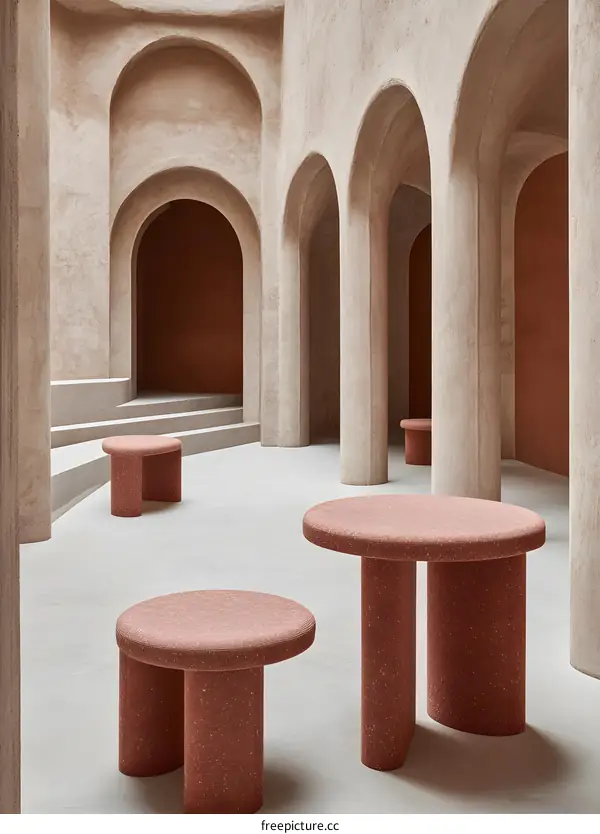 Minimalist Interior Design with Archways and Pink Stools