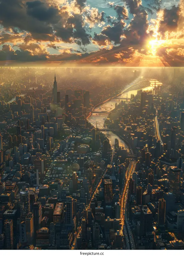 Aerial View of a City Sunset Metropolis
