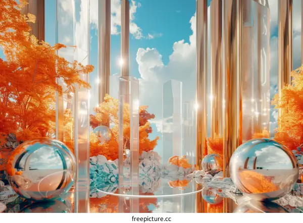 Abstract 3D Illustration with Glass Columns and Orbs