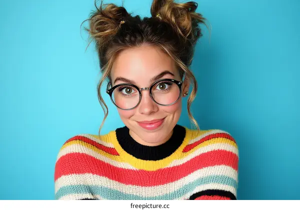 Portrait of a Young Woman with Trendy Glasses and a Colorful Sweater