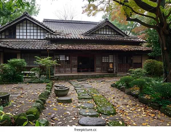 Traditional Japanese House With Stone Pathway and Garden