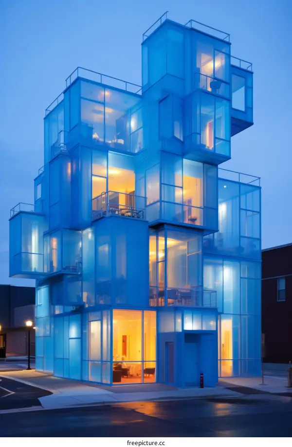 Blue translucent glass facade of a modern apartment building