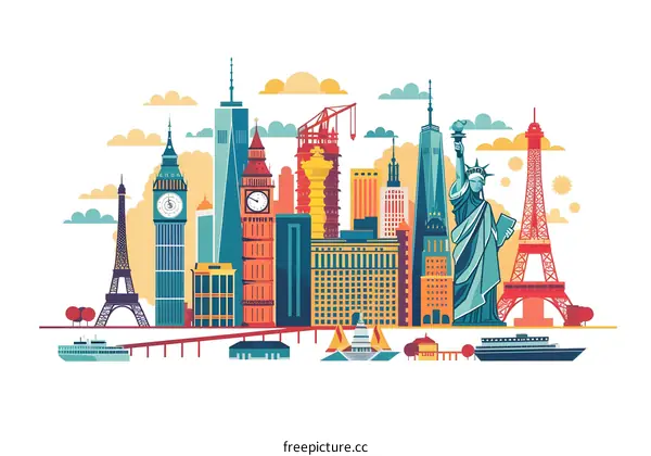 Famous Landmarks Skyline Illustration