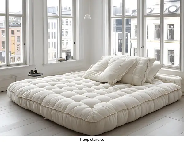 White Cotton Mattress Bed With Pillows In A Scandinavian Bedroom