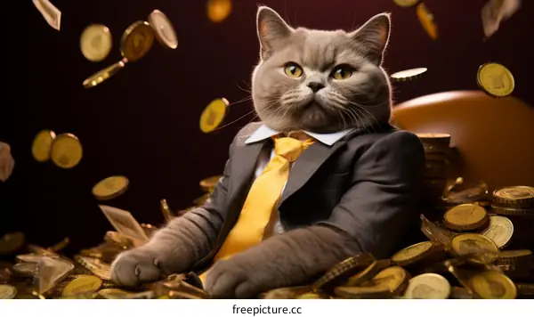 Rich cat sitting on a pile of gold coins