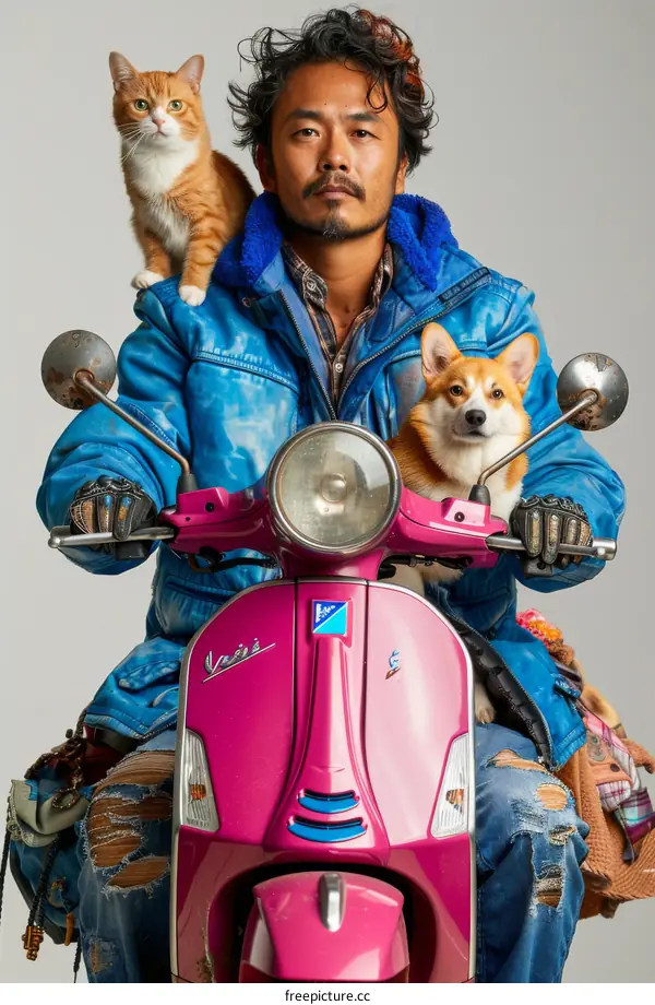 A Man with a Cat and a Dog on a Pink Vespa
