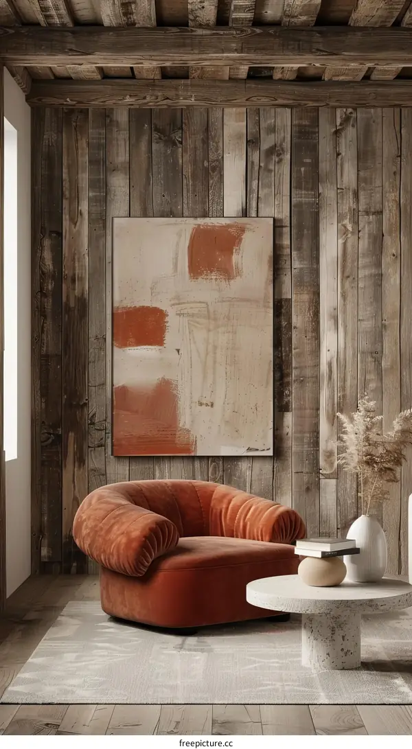 Modern living room interior with wood wall, orange armchair and abstract painting