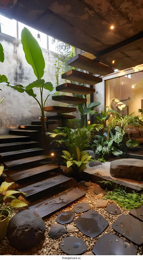 Modern Tropical Garden with Wooden Stairs and Stone Pathway