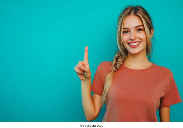 Smiling Caucasian Woman Pointing Upward