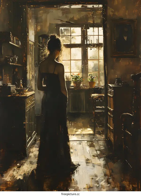 A woman standing in a dark room looking out the window