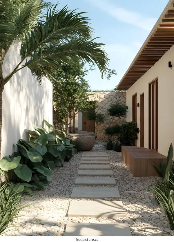 Tropical Courtyard With Stone Pathway And Lush Greenery