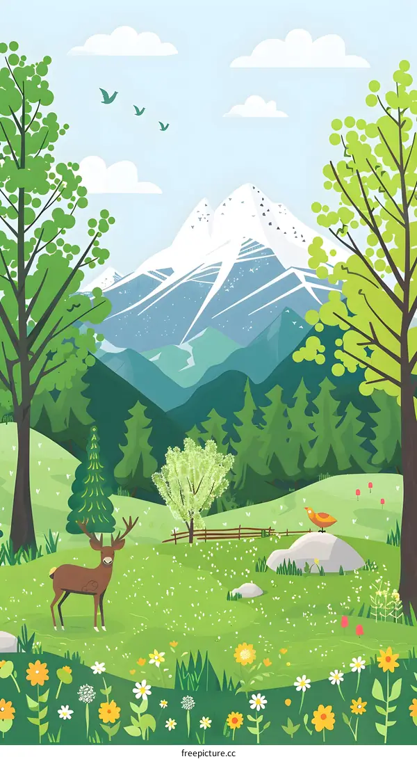 Spring Landscape with Mountain and Deer
