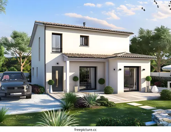 Modern Two Story House With Large Windows And Front Yard