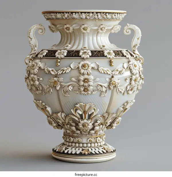 White and gold ornate vase with flowers