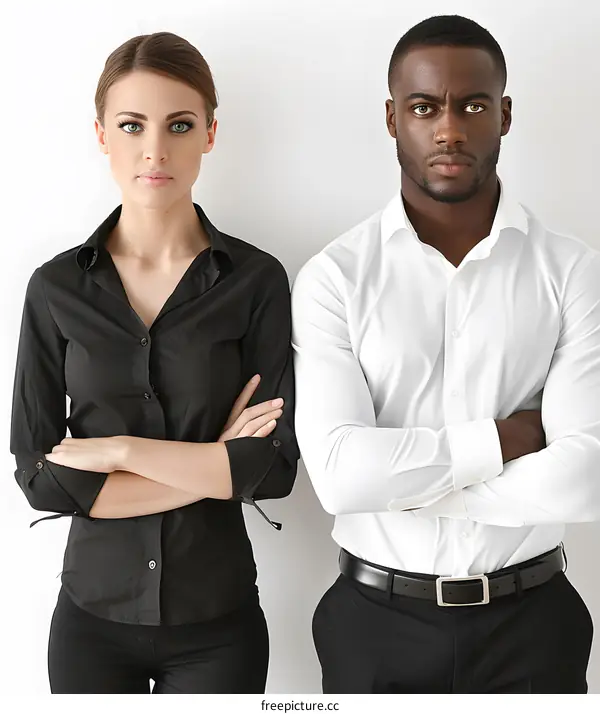 Business Woman and Man Looking Serious with Crossed Arms