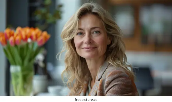 Portrait of a smiling middle-aged woman with blond hair and blue eyes