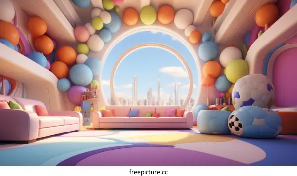 Futuristic City View Living Room with Pastel Colors