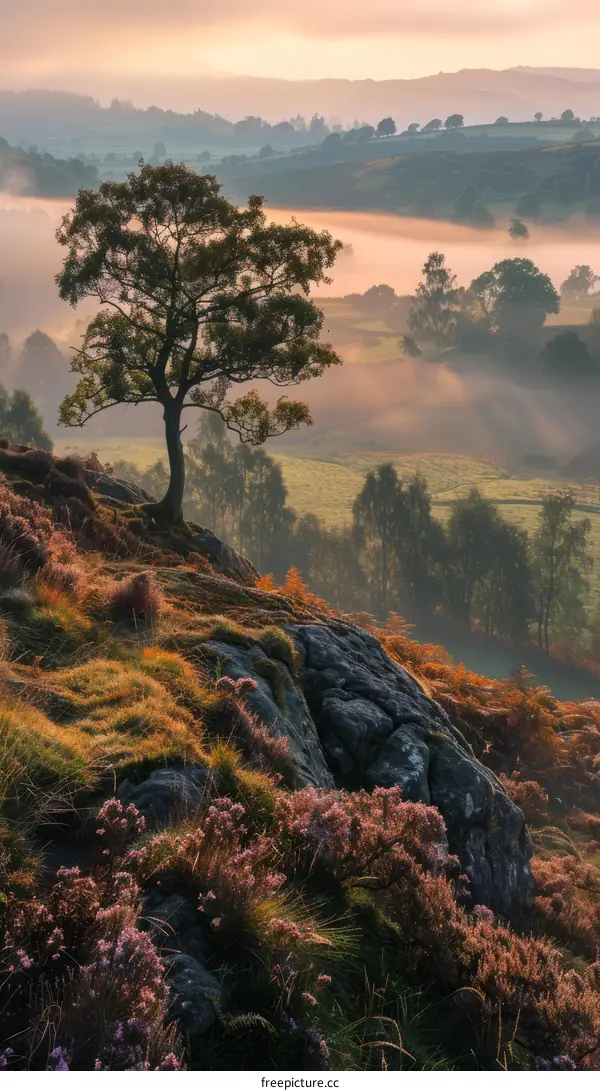 Stunning sunrise over a valley shrouded in mist