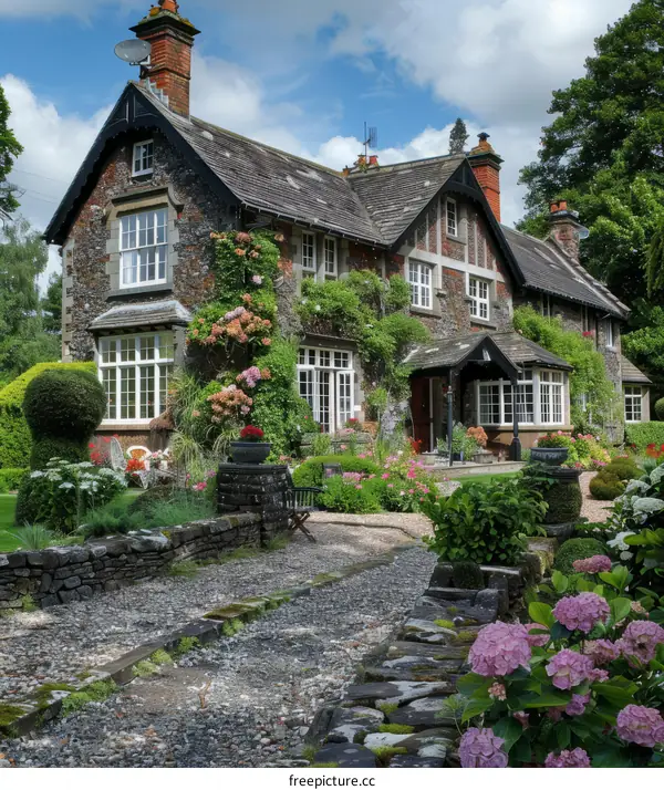 Stone cottage in the countryside with flowers
