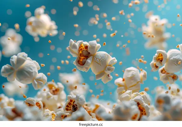 White Popcorn Kernels in Flight Against Blue Background