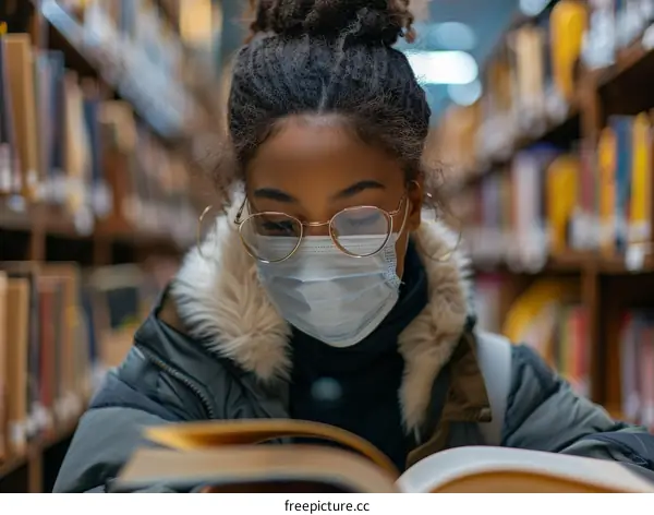Image of a young woman wearing a mask and reading a book in a library