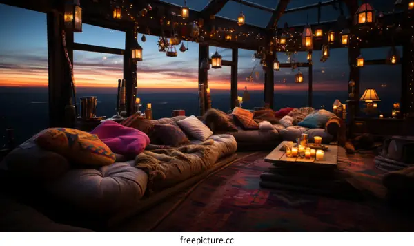 A cozy living room with a beautiful view of the sunset