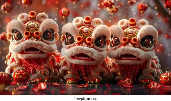 Three cute cartoon lions in Chinese new year celebration