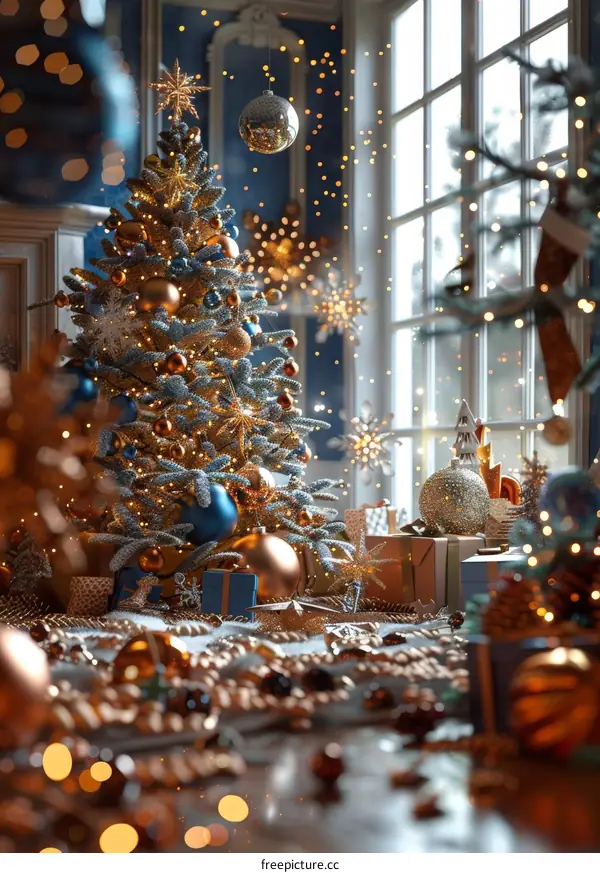 Blue and Gold Christmas Tree with Ornaments and Presents