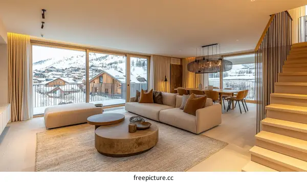 Modern Alpine Apartment Living Room with Mountain View