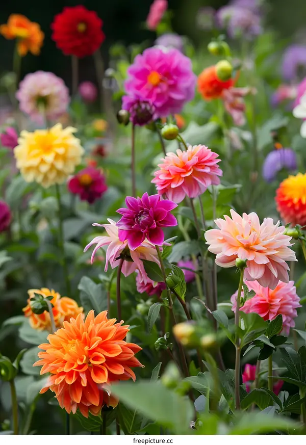 Colorful Dahlia Flowers Blooming in Garden
