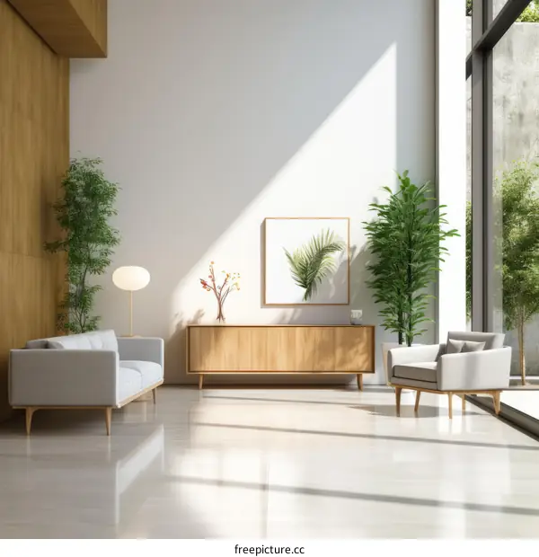 Modern living room interior with sofa, armchair, plants and decoration