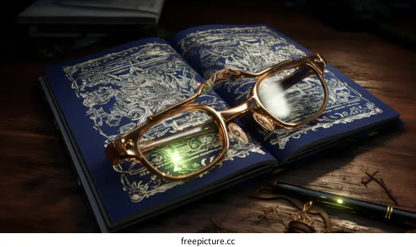 Open Book and Glasses on a Wooden Table