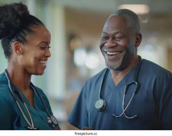 Two healthcare professionals are talking and smiling in a hospital.