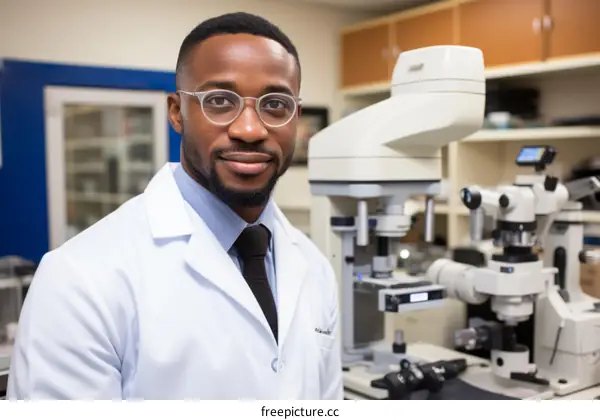 Black male scientist wearing glasses in a lab coat standing in a laboratory smiling at the camera