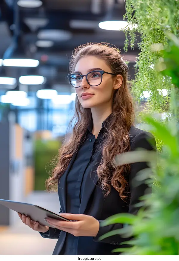 Young Woman In Black Suit With Tablet  In Modern Office