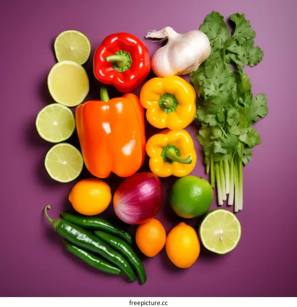 Vibrant Fresh Vegetables and Spices on Purple