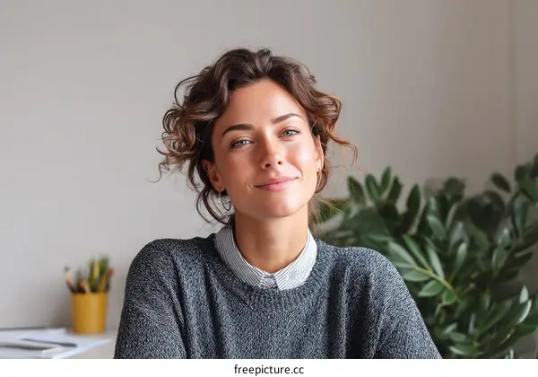 Portrait of young woman with curly hair in casual sweater sitting indoors