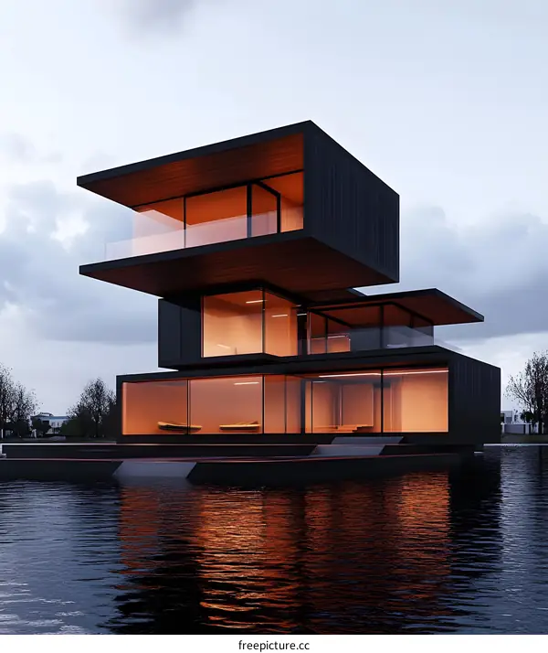 Modern Black House on Water with Glass Windows