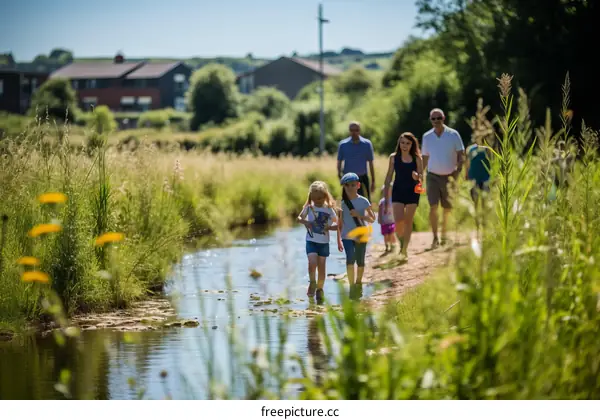 Family walking through a nature preserve along a river