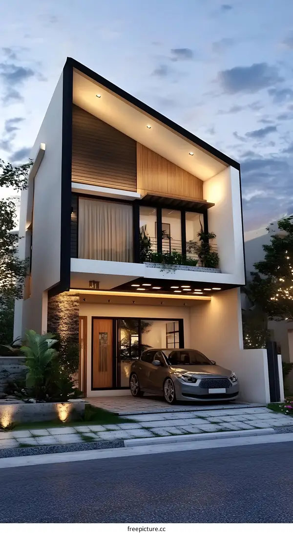 Modern Two Story Home with a Car in the Driveway