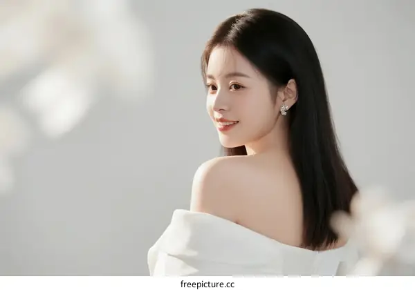 Elegant Young Woman with Long Black Hair in White Off-Shoulder Dress