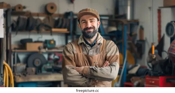 Bearded man standing in a workshop with his arms crossed